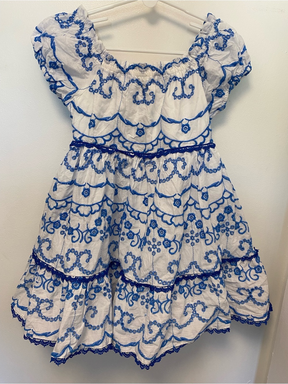 Rare Editions White Dress with Blue Embroidery - Girls’ Size 6 - Like New